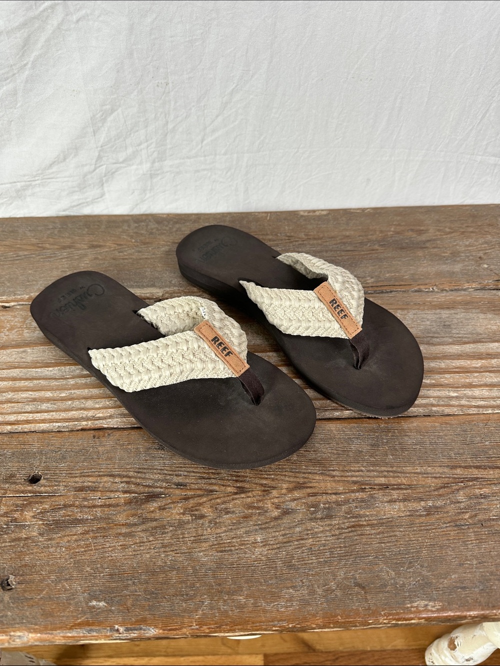 Reef Women's Cream Braided Strap Flip Flops with Dark Brown Footbed